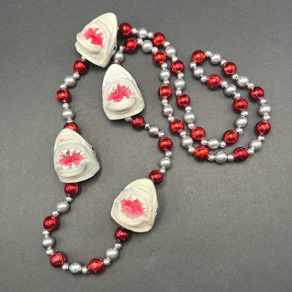Chunky Shark Beaded‎ Necklace Red Silver Kitschy Party Mardi Gras 38in